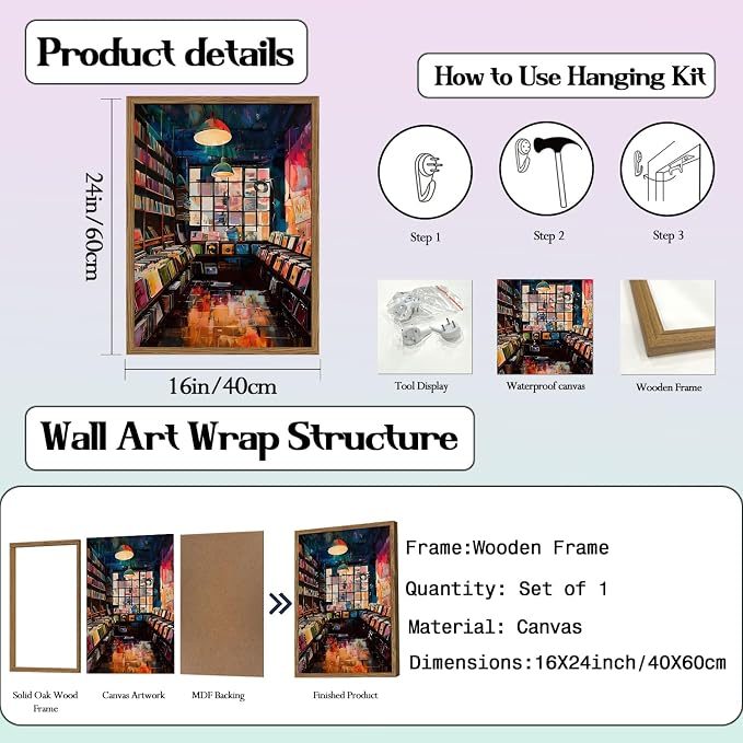 Vintage Album Record Wall Art Retro Album Cover Record Store Wall Painting Decor Modern Trendy Music Poster Canvas Prints for Living Room Bedroom Dorm 16x24 inch Wood Framed