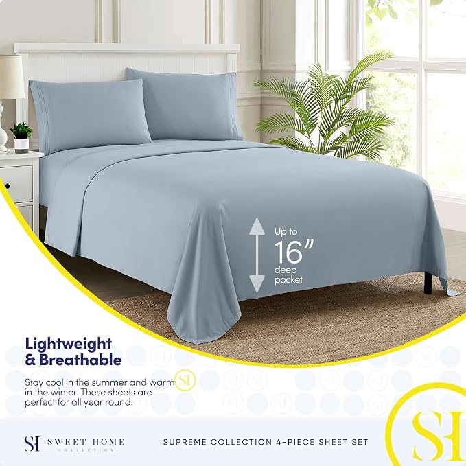 1800 Supreme Collection - Breathable Luxury Full Size Sheet Set with Full Elastic & Secure Corner Straps Built In, Extra Soft Deep Pocket Bedding, Misty Blue