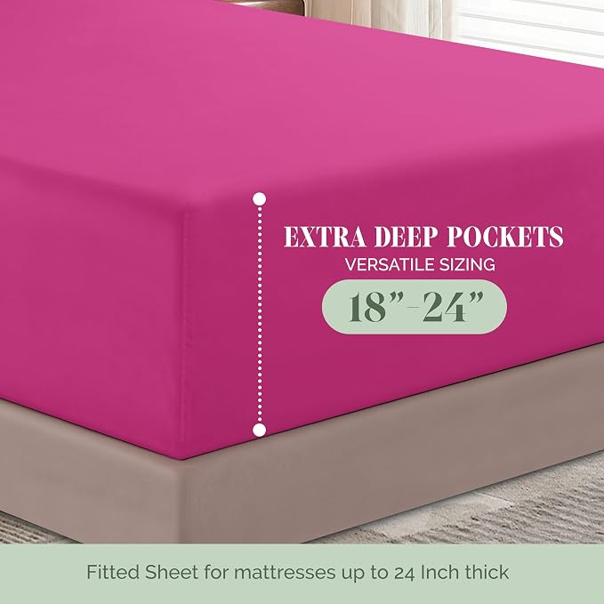 Elegant Comfort Luxurious 1500 Premium Hotel Quality Microfiber 4-Piece Sheet Set, 18-24 Inches Deep - Extra Deep Pocket Sheets - Ultra Soft 4PC Deep Pocket Sheets, California King, Hot Pink