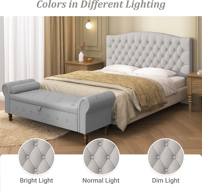 Furpopup Velvet Queen Size Headboard Only Upholstered Wall Mount Light Gray | 2 ways to use:Wall-mounted (for adjustable bed) and bed frame mounted, Easy to assemble, Classic button design headboard