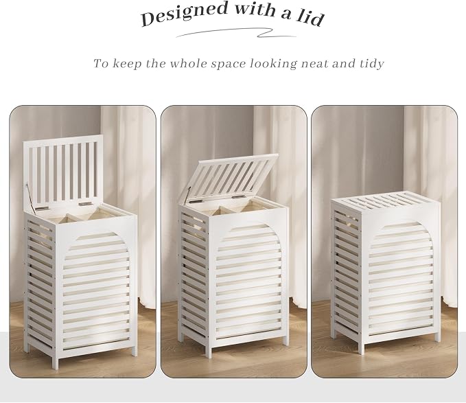 Laundry Hamper with Lid,Bamboo Large Waterproof Clothes Laundry Basket,Removable Washing Bags with Handles,clothes basket (White)