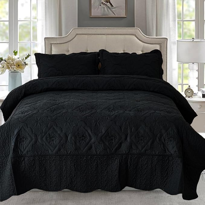 Cmfshape Floral Embroidery Quilt Set,3 Pieces Queen Quilt Bedding Set,Classic Diamond Pattern Quilts,Ultra Soft Lightweight Reversible Bedspread Coverlets for All Season(Black,90"x90")