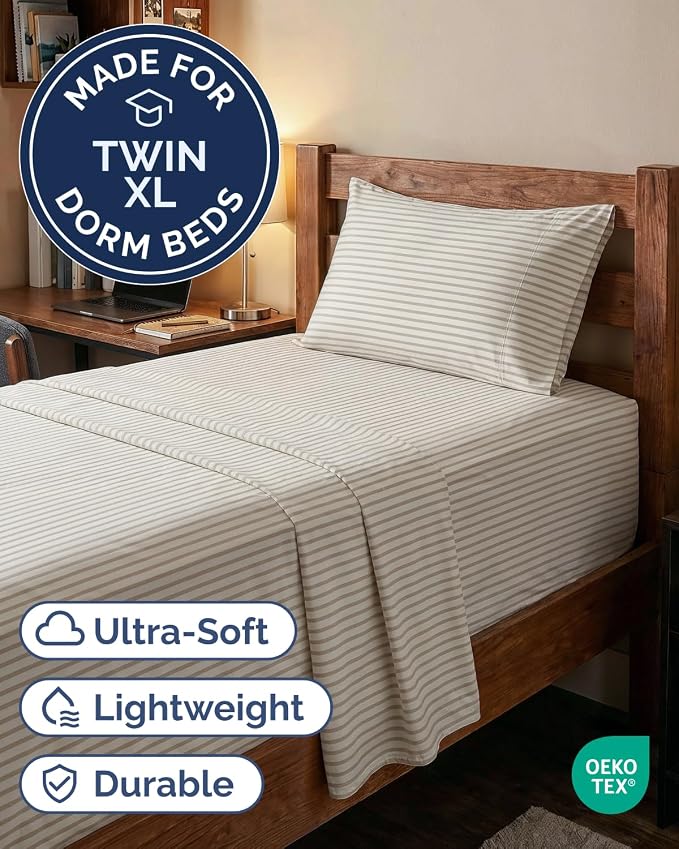 Extra Deep Twin XL Sheet Set - 3 Piece College Dorm Room - Beige Stripes | Soft, Breathable & Cooling, Easily Fits 18 to 24 inch Mattress, Wrinkle Free & Fade Resistant with Extra Deep Pockets