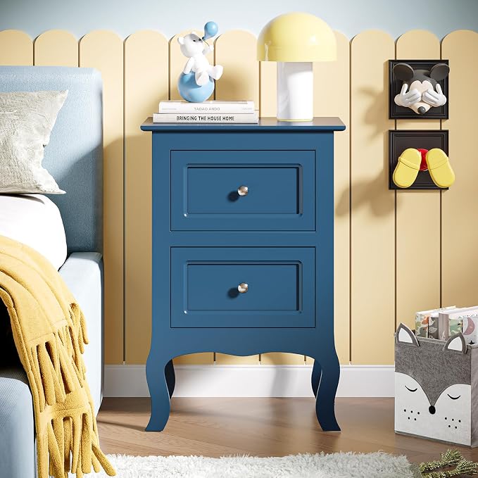 Bonnlo Blue Nightstand Set of 2, Blue Night Stands with Drawers for Bedroom, Kids Room, Living Room, Wood, 15.75" W x 11.8" D x 23.6" H