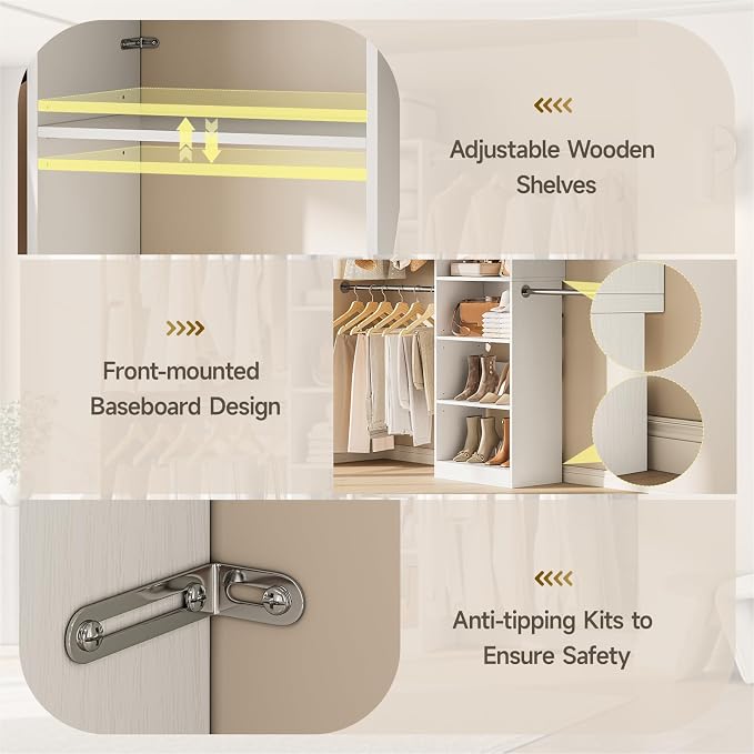 ONBRILL W1 3.5FT-7.7FT Closet System with 4 Chrome-Plated Telescopic Rods | Modular Closet Organizer System with 6 Adjustable Shelves, Custom Wood Walk-In & Reach-In Closet Organizer, Wall Mount, White