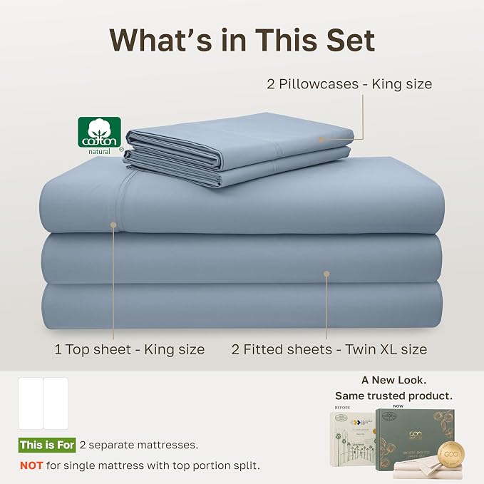 California Design Den 600 Thread Count Split King Sheet Set, 5 Pcs, Blue | 100% Cotton Sateen, Good Housekeeping Seal, Split King Sheets Sets for Adjustable Bed with 2 Separate Twin-XL Mattresses