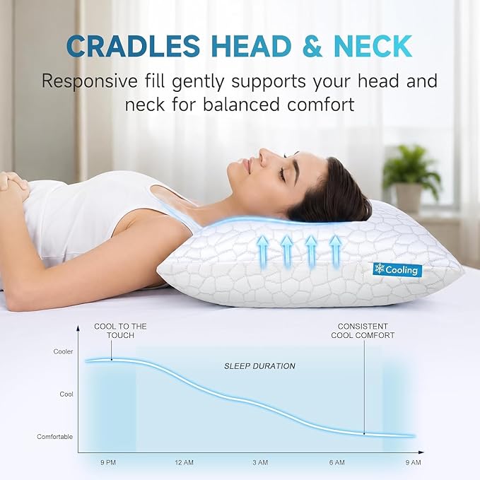 QUTOOL Cooling Pillow for Sleeping, CertiPUR-US Shredded Memory Foam Queen Pillow Set of 1, Cool Pillow for Hot Sleepers Adjustable Firm Pillow for Side, Back, Stomach Sleepers Soft Yet Support, White