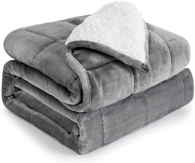 Cottonblue Sherpa Fleece Weighted Blanket 12lbs for Adults Twin Size 48x72 | Soft Cozy Flannel Weighted Blankets Throw for Sleep Calm Relax, Fuzzy Warm Bed Couch Heavy Blanket, Glass Beads, White Grey