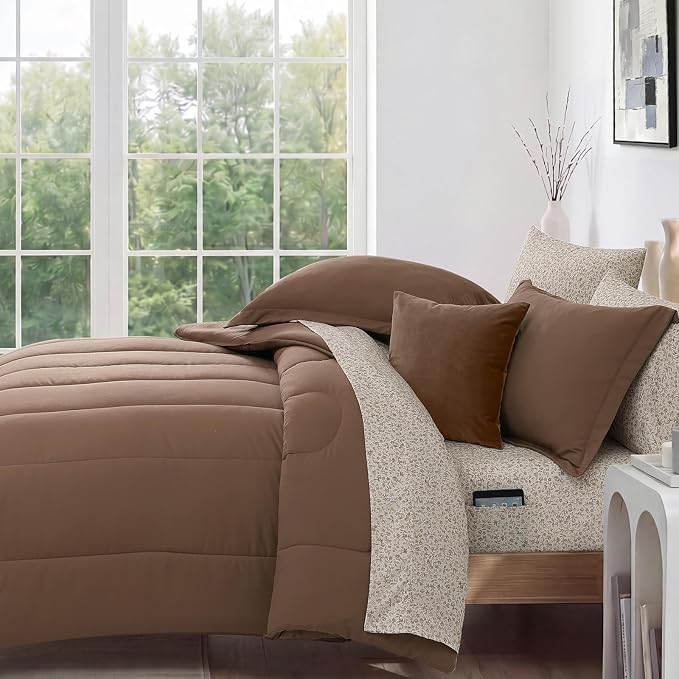 Monbix King Size Comforter Set, 7 Pieces Soft Bed in a Bag King Bedding Set | All Season Brown Track Stitching Comforter with Printed Sheets, Pillowcases & Shams