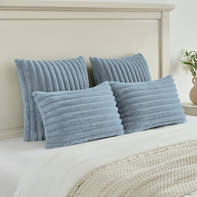 FUTEI Pack of 2 Faux Fur Throw Pillow Covers 22x22 Inch, Dusty Blue | Fluffy Faux Rabbit Fur Front/Premium Velvet Back,Hidden Zipper,Machine Washable,Non-Shedding,Colorfast,Insert Not Included.