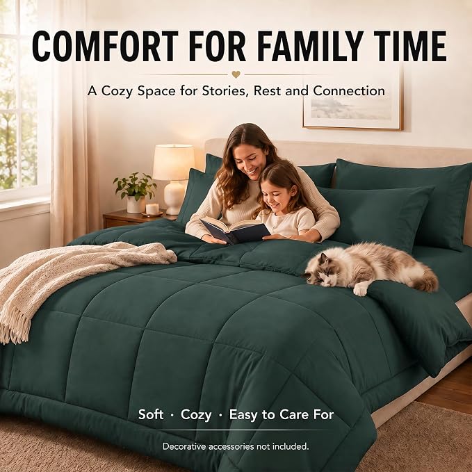 King Size Comforter Set Forest Green - 7 Pieces Bed in a Bag | OEKO-TEX Certified, All-Season, Bedroom, Guest Room, Down-Alternative Comforter + Flat & Fitted Sheets + 4 Pillowcases