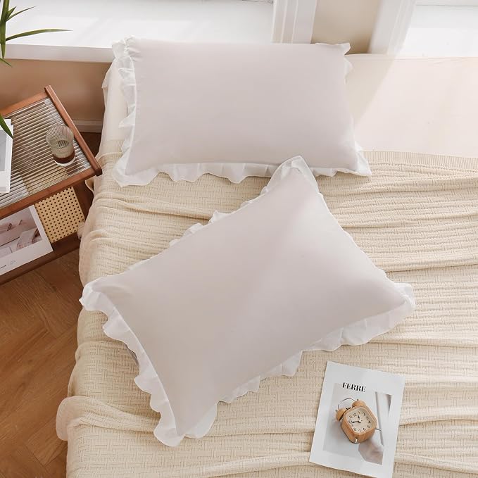 Merryword Beige Pillow Shams Beige and White Reversible King Pillowcases Cute Pillow Cover Set of 2 Soft Shabby Chic Ruffled Pillowcases 2 Pack (King (20''x36''), Beige White)