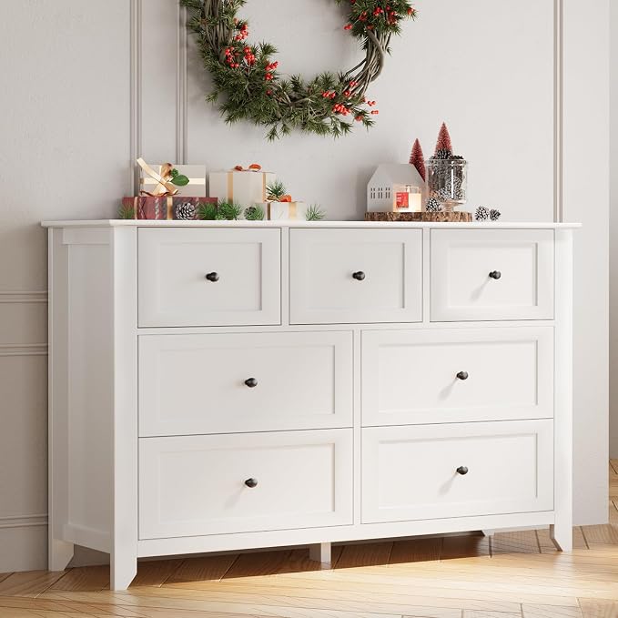 Garvee White 7-Drawer Dresser for Bedroom, 54" Entryway Storage Organizer | Modern Lacquered Chest of Drawers for Bedroom, 15.8"D x 54"W x 31.5"H, MDF