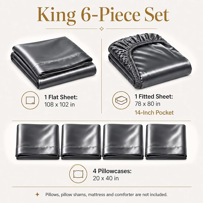 CozyLux Satin Sheets King, 6-Piece 14-Inch Deep Pocket Sheet Set | OEKO-TEX Certified Silky Soft Sheet Set for Hair & Skin, Luxurious Silky-Smooth Satin for Elegant Bedroom Decor, Dark Grey