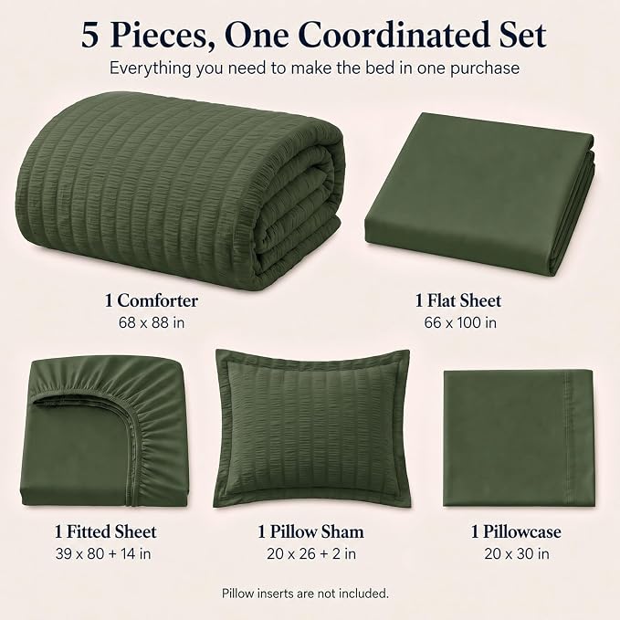 Twin XL Comforter Set, 5 Pieces Olive Green Seersucker Bed in a Bag | OEKO-TEX Certified, College Dorm Twin Extra Long, 240 GSM Down Alternative Comforter, Flat & Fitted Sheets, Pillowcase & Sham