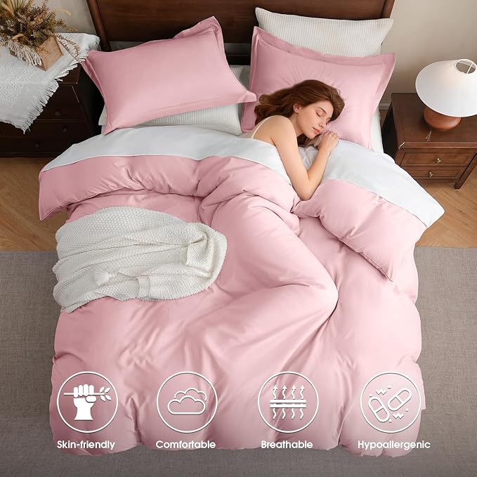 FreshCulture Duvet Cover Full Size - 3 Pieces Microfiber Duvet Cover Set with Zipper Closure - Lightweight & Easy Care - 1 Comforter Cover & 2 Pillow Shams - Comforter Not Included (Pink)