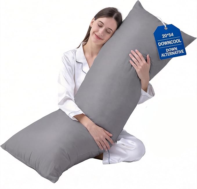 DOWNCOOL Large Body Pillow Insert- Breathable Full Body Pillow for Side Sleeper - Soft Long Bed Pillow for Adults - 20 x 54 inch (Grey)