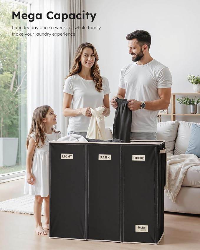 SOLEDI 200L 3-Section Laundry Hamper with Lid, Extra Large Dirty Clothes Basket with Sturdy Handles for Laundry Room & Bedroom - Durable Organizer for Sorting Laundry