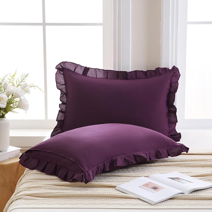 Merryword Dark Purple Pillowcases King Size Ruffled Pillow Shams Set of 2 Cute Pillowcases Purple Shabby Chic Pillow Cover 2 Pack
