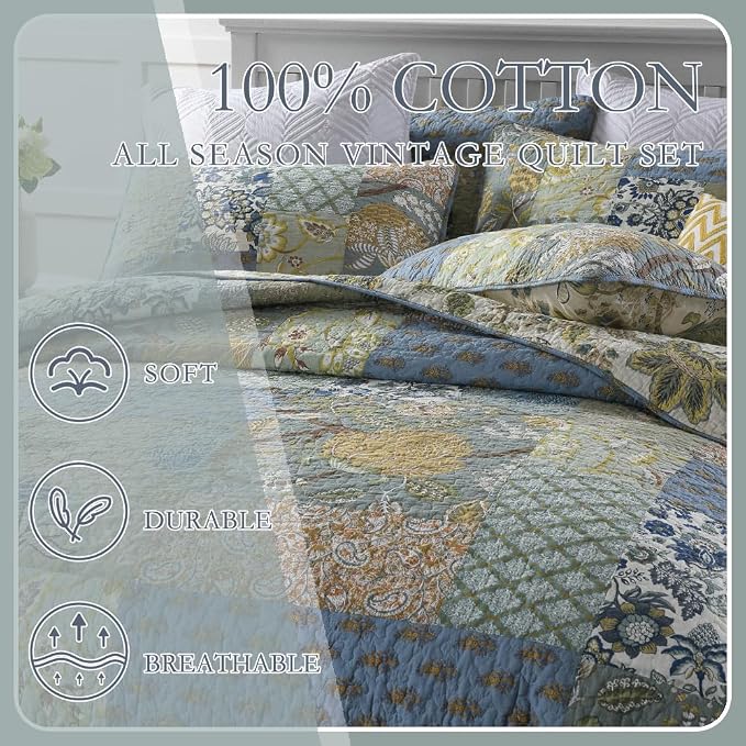 Wistown Cotton Bedspread Bedding Coverlet Quilt Sets, Reversible Vintage Branch Floral Bedspread comforters, (Rustic Sage Green Patchwork Pattern, King Size)