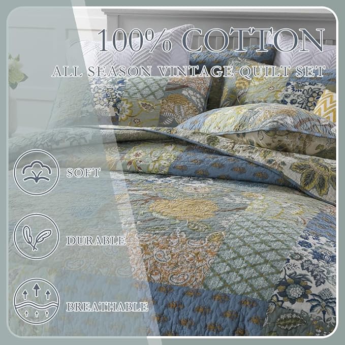 Wistown Cotton Bedspread Bedding Coverlet Quilt Sets, Reversible Vintage Branch Floral Bedspread comforters, (Rustic Sage Green Patchwork Pattern, Queen Size)