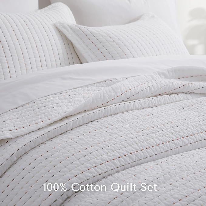 HORIMOTE HOME 100% Cotton King Size Quilt Set, White Pre-Washed Striped Channel Stitch Bedding Set, Cozy Lightweight Bedspreads Coverlet Set with 2 Shams for All Season, 3 Pieces