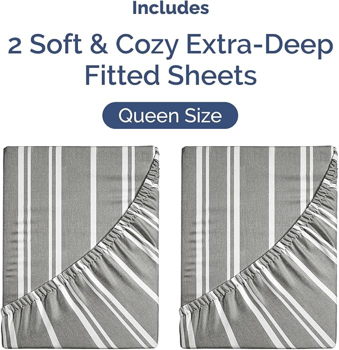 2 Pack Extra Deep Queen Fitted Sheets with Deep Pockets - Grey Stripes | Hotel Luxury Bottom Fitted Sheets Only, Soft, Fade & Wrinkle Free, Breathable & Comfy, All Around Elastic Fitted Sheets