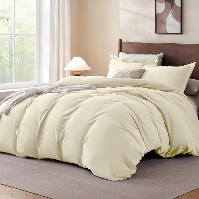 FreshCulture Duvet Cover Queen Size - 3 Pieces Microfiber Duvet Cover Set with Zipper Closure - Lightweight & Easy Care - 1 Comforter Cover & 2 Pillow Shams - Comforter Not Included (Ivory)