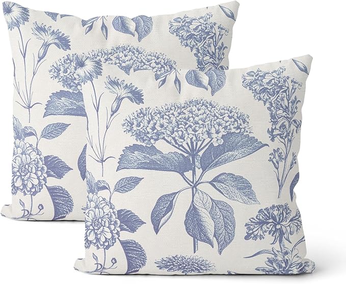 Vintage Blue Pillow Covers 24x24 Inch 2 Pcs Boho Floral Decor Throw Pillows Hydrangea Flower Seasonal Outdoor Farmhouse Neutral Accent Decoration Pillowcase Linen Cushion Cover for Couch