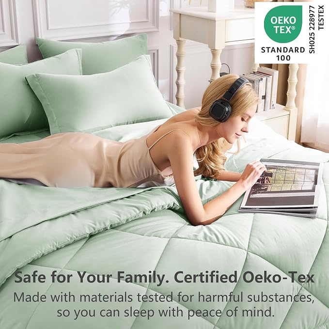 Queen Comforter Set with Sheets Sage Green - 7 Pieces Bed in a Bag | OEKO-TEX Certified, All Season, 240GSM Down-Alternative Comforter, Sheets, Pillowcases & Shams, 14" Deep Pocket, Easy Care