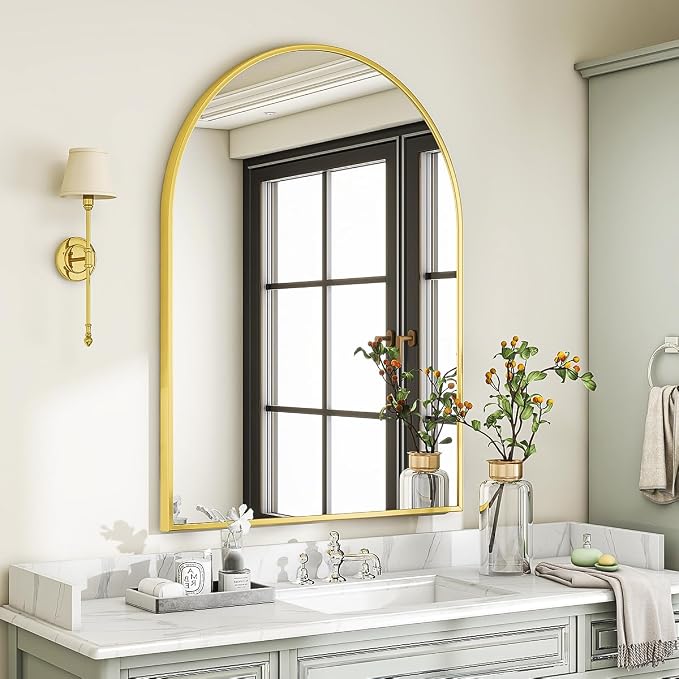 Large Arched Wall Mirror, 36 x 48 inch Arch Bathroom Mirror Gold | Wall Mounted Bathroom Vanity Mirror with Arch Metal Frame, Modern Room Decor for Bedroom, Entryway, Hanging or Leaning