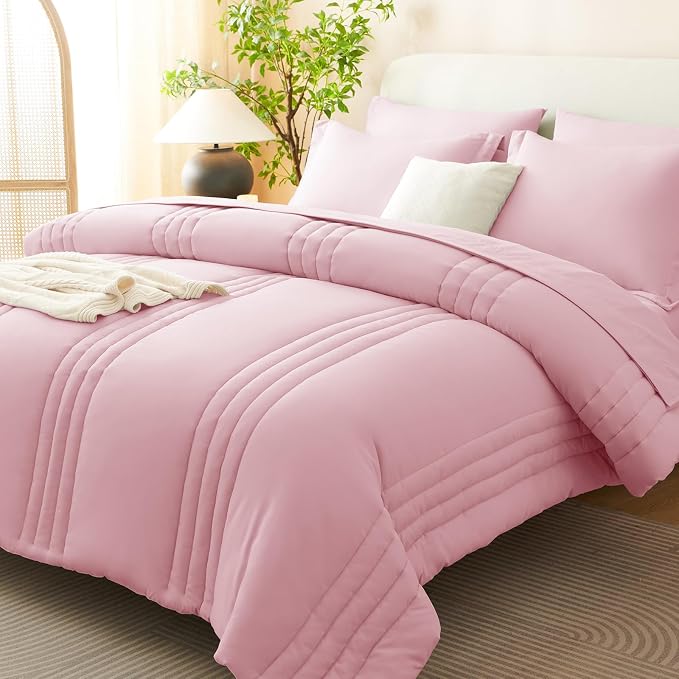 Queen Comforter Set Pink - 7 Pieces Bed in a Bag | OEKO-TEX Certified, 240GSM Down-Alternative Comforter, 14" Deep-Pocket Sheets, Shams & Pillowcases, Lightweight