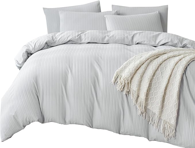 Comforter Set Queen Light Grey Striped Washed Microfiber 3 Pieces Jacquard Bedding, Grey Vertical Ticking Stripes Comforter with 2 Pillowcases, Luxury Soft Breathable Durable Comfy