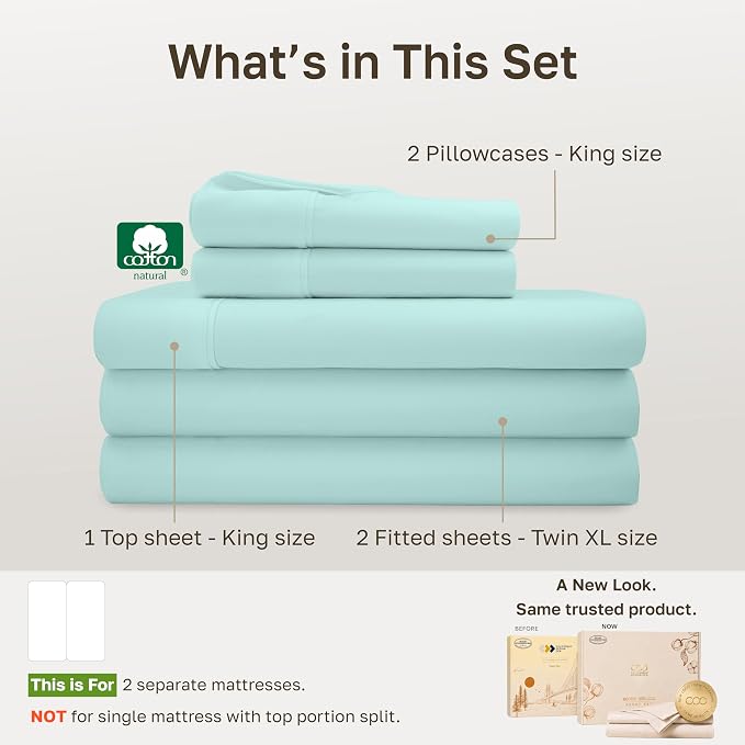 California Design Den Soft 100% Cotton Split King Sheet Set, 5 Pcs, Seafoam | 400 Thread Count with Good Housekeeping Seal, Split King Sheets Sets for Adjustable Bed with 2 Separate Twin-XL Mattresses