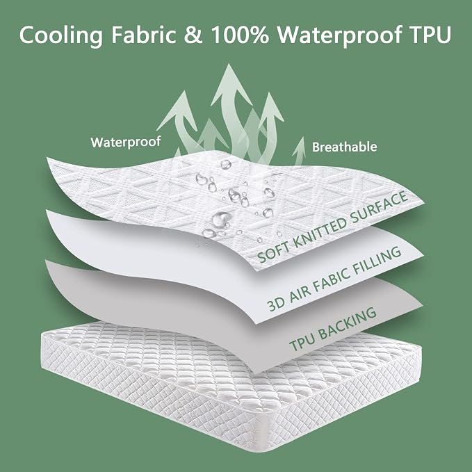 Premium Waterproof Mattress Protector Queen Size, Noiseless Deep Pocket | Breathable Bed Cover 3D Air Fabric Cooling Mattress Pad, Soft Washable, Fits 8"-21" Mattress, Viscose Made from Bamboo, White