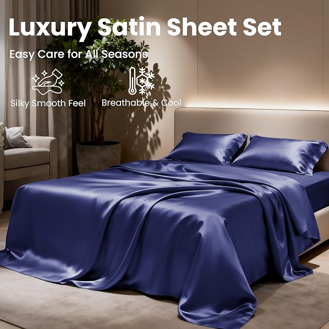 Love's cabin Satin King Sheet Sets - 4 Piece Navy Blue Silky Sheets King Size Bed with Deep Pocket, Luxury Silk Feel King Size Satin Sheet Set (1 Flat Sheet,1 Fitted Sheet,2 Pillow Cases)
