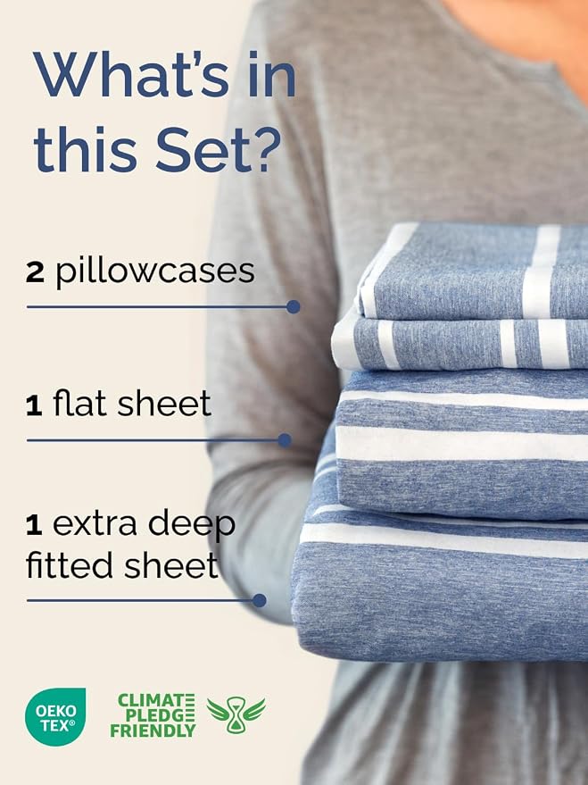 Extra Deep Full Sheet Set - 4 Piece Breathable & Cooling - Blue Stripes | Easily Fits 18 to 24 inch Mattress - Ultra Soft, Wrinkle & Fade Free with Extra Deep Pockets - Comfy Hotel Luxury Bedding
