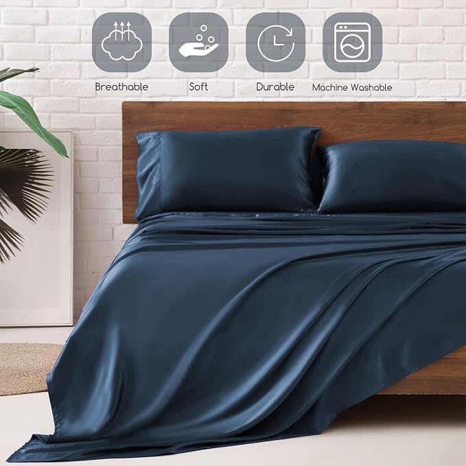 MR&HM Satin Sheets Full Size with Elastic Corner Straps, Mood Indigo | Similar to Silk, 4-Piece Silky Soft Bed Sheet Set, Gentle on Skin and Hair, 15" Deep Pocket, Cooling & Breathable