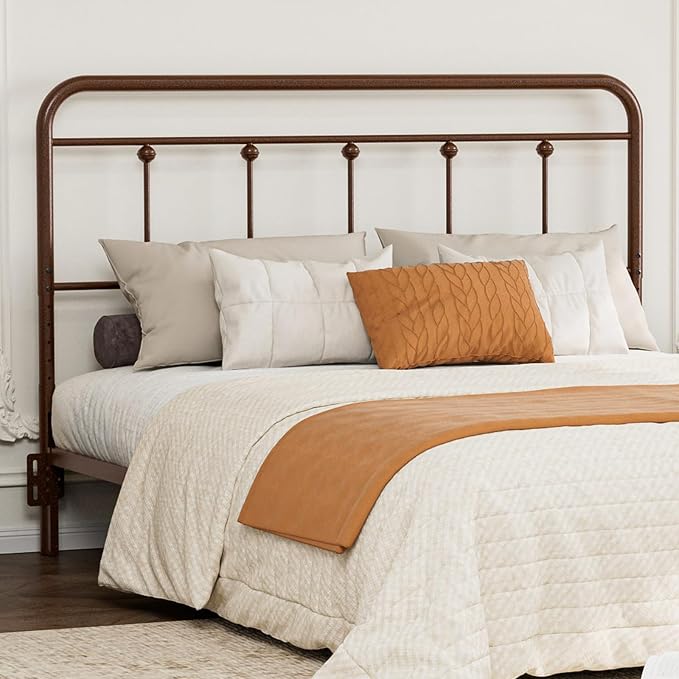 Victorian Metal Queen Size Headboard, Adjustable Height, Brown | Sturdy Steel Queen Head Board Only for Bedroom, Bed Frame Brackets Adapter, Farmhouse Vintage Style, Easy Assembly