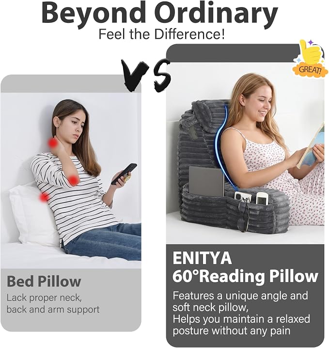 ENITYA 19" Large Back Pillow for Bed Sitting Up with Armrests & Big Pockets | Reading Pillow for Bed, Soft Back Support Chair, Ideal for Watching TV, Gaming, Nursing, Resting, Post Surgery, Dark Grey