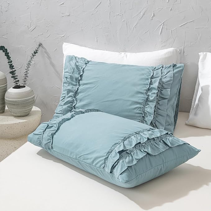 Grayish Blue Duvet Cover Queen Vintage Ruffled Bedding Shabby Chic Boho Bedroom Decor Super Soft All Season Ruffle Duvet Cover Set
