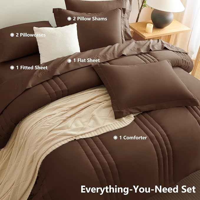 Full Size Comforter Sets Brown- 7 Pieces Bed in a Bag | OEKO-TEX Certified, 240GSM Down-Alternative Comforter, 14" Deep-Pocket Sheets, Shams & Pillowcases, Lightweight