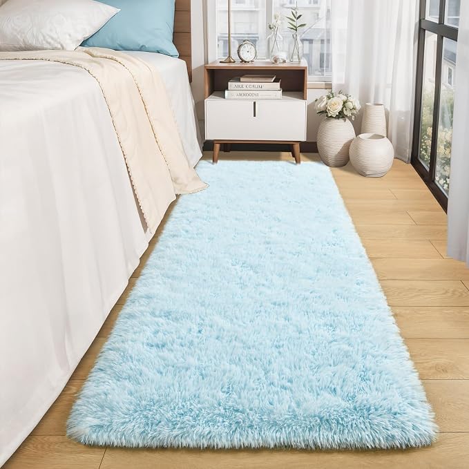Soft Fluffy Rugs for Bedroom Living Room, 2x6 Hallway Runner Rugs, Furry Shag Bedside Area Rug Indoor Accent Floor Carpet, Plush Fuzzy Rug for Dorm Nursery Kids Room Decor, Baby Blue