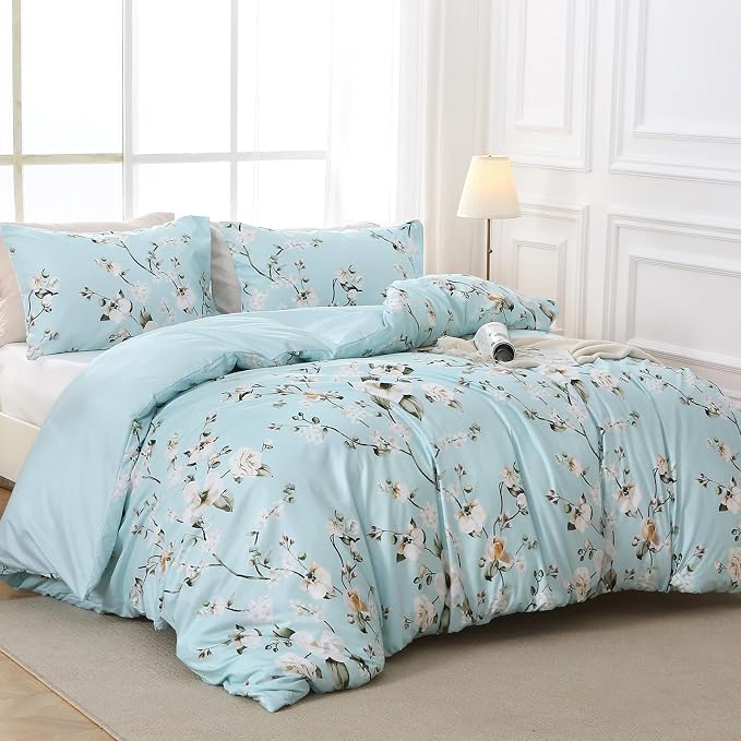 MUXHOMO Duvet Cover Queen Size, Reversible Floral Vintage Duvet Cover Set with Zipper Closure, 3 Pieces Botanical Patterns Soft Microfiber Bedding Set (90"x90", 2 Pillow Cases, Ceiba Blue)