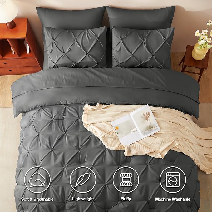 HIMEET Queen Comforter Set Dark Grey - 7 Pieces Pintuck Bed in a Bag | OEKO-TEX Certified, 240GSM Down Alternative Comforter, 14" Deep Pocket Fitted Sheet + Flat Sheet + 2 Pillowcases + 2 Shams