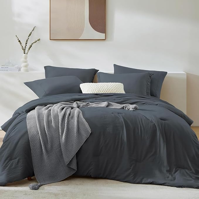 Queen Comforter Set-7 Pieces Soft Prewashed Bed in a Bag Queen Bedding Sets | All Season Comforter with Sheets, Pillow Shams & Pillowcases,Blue Grey