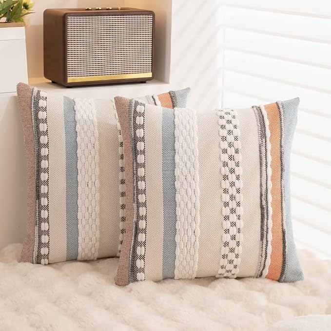 Boho Throw Pillow Covers Decorative Neutral Farmhouse Pillow case | 18x18 Set of 2 Cushion Case Striped Square Pillows Cover Couch Pillow Cases Accent Pillowcase for Sofa Bed,Orange Blue
