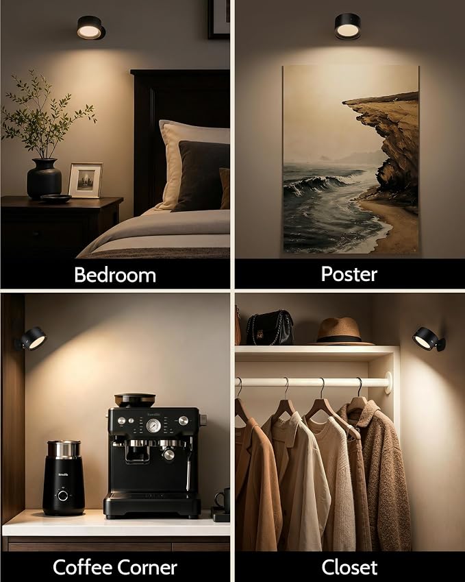 LED Wall Mounted Lights, Rechargeable Wall Sconces, 3 Color Temps, Remote & Touch, 360° Rotating and Dimmable for Bedroom, Bedside & Reading (Black, 3 Pack)