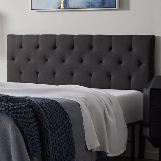Lucid Mid-Rise Upholstered Headboard - Diamond Tufted - Padded Polyester - Adjustable Height from 34” to 46” - Easy Assembly - Bed Frame or Wall Mount - Sturdy - Charcoal - Queen Size