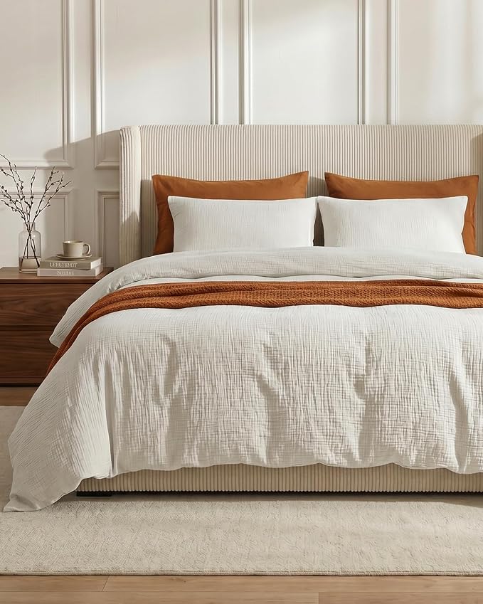 SE SOFTEXLY Muslin Duvet Cover Queen Size, 100% Washed Cotton Duvet Cover Set, Ultra Soft Comforter Cover Linen Like, 3 Pieces Minimalist Gauze Duvet Cover with 2 Pillowcases, 80"x90", White